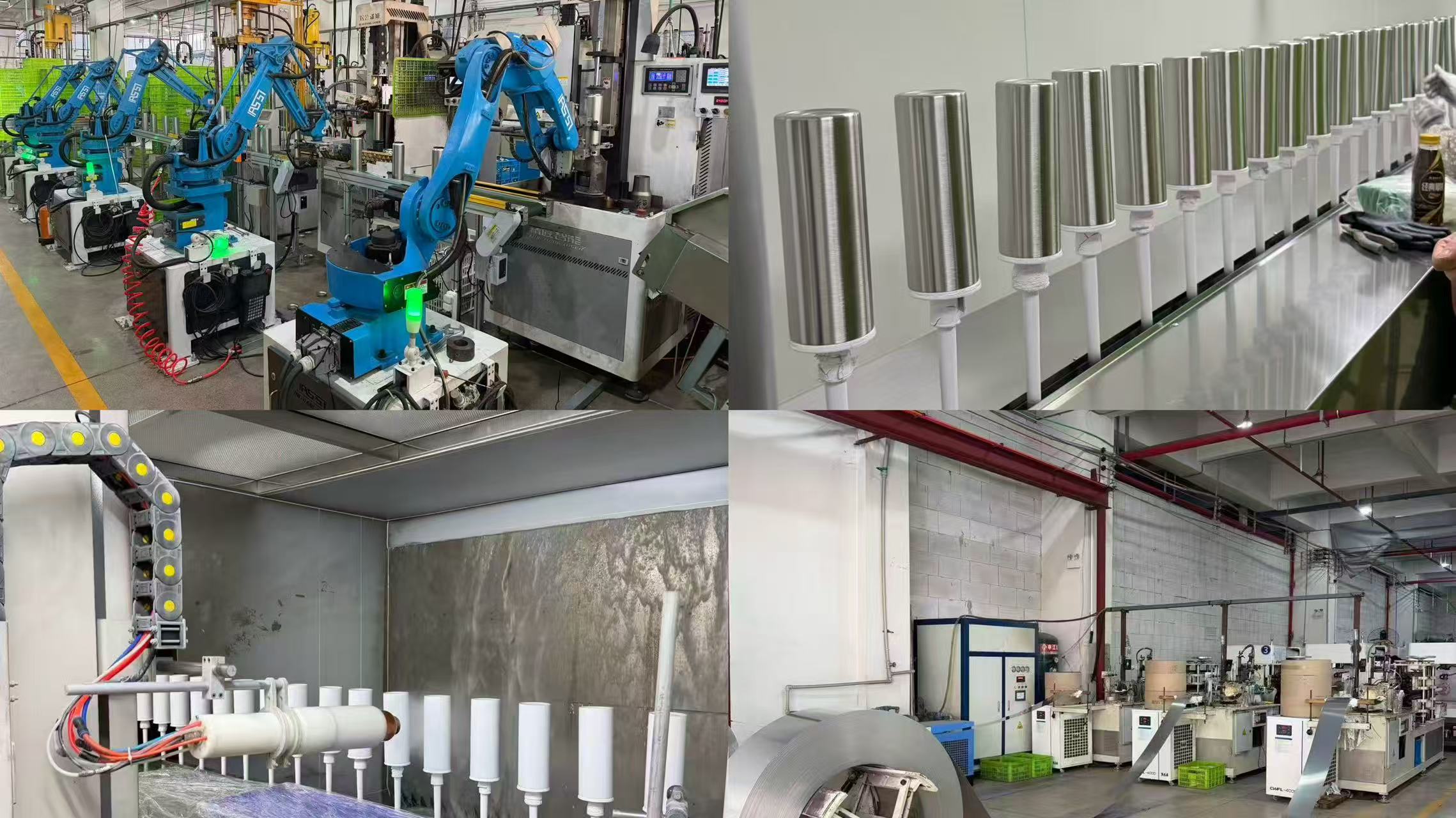 Advanced automated manufacturing line with robotic production, precision metal processing, powder coating, and stainless steel component fabrication.